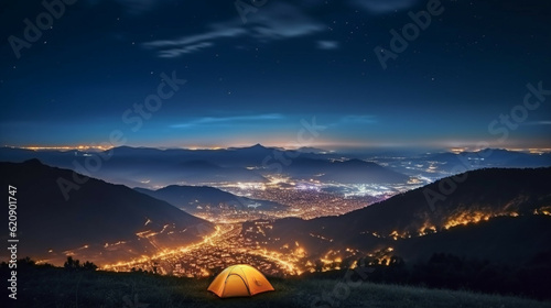 Tent on the mountain with the view of the capital city lights.Concept of adventure travel,mountain climbing. Nature tourism concept with tent. Backpacker hiking journey travel concept.