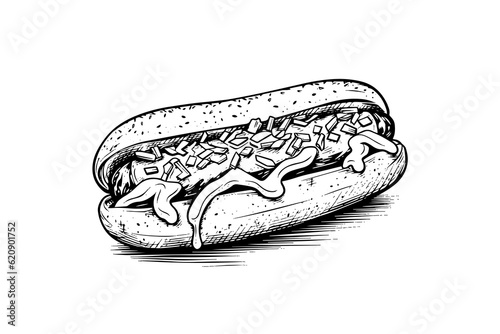 Fast food hot dog with sausage and sauce engraving sketch vector illustration. © Artem