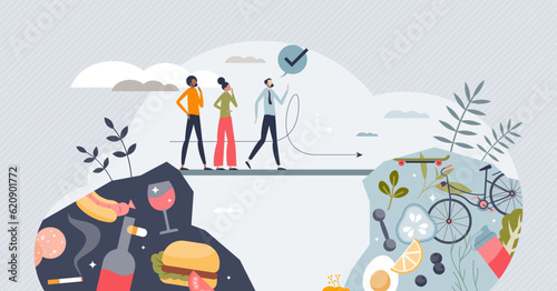 Bridging the health divide as start new healthy lifestyle tiny person concept. Professional support for beginning or road to diet and fitness activities vector illustration. Help to quit bad habits.