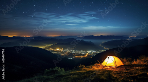 Camping in the mountains at night with view of the city.Concept of adventure travel,mountain climbing. Nature tourism concept with tent. Backpacker hiking journey travel concept.