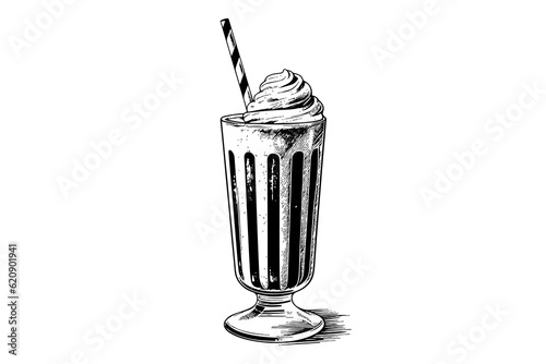 Chocolate milk shake sketch engraving vector illustration. Black and white isolated composition.