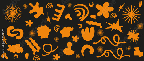 Hand drawing Apricot crush groovy background with abstract Trendy Shapes. Modern ornament with Organic Shapes. Funky loop, wave, flowers, rainbow in y2k style. Vector Art.