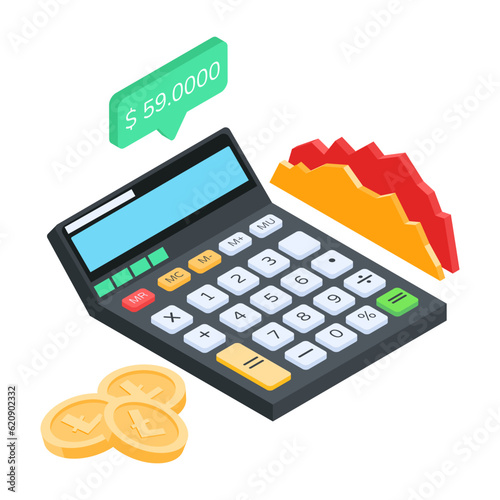 Modern isometric icon of litecoin calculation 