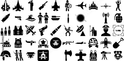 Big Collection Of Army Icons Set Hand-Drawn Linear Simple Silhouettes Earth, Symbol, Icon, Badge Doodles Isolated On White photo