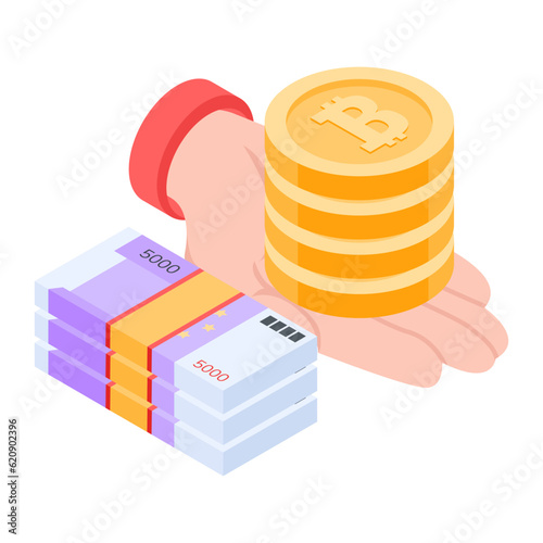 Isometric icon of cryptocurrency comparison 