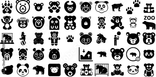 Huge Set Of Bear Icons Set Hand-Drawn Solid Vector Elements Candy, Head, Icon, Sweet Pictogram For Apps And Websites