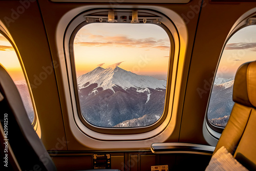 beautiful mountain view from airplane window at sunset