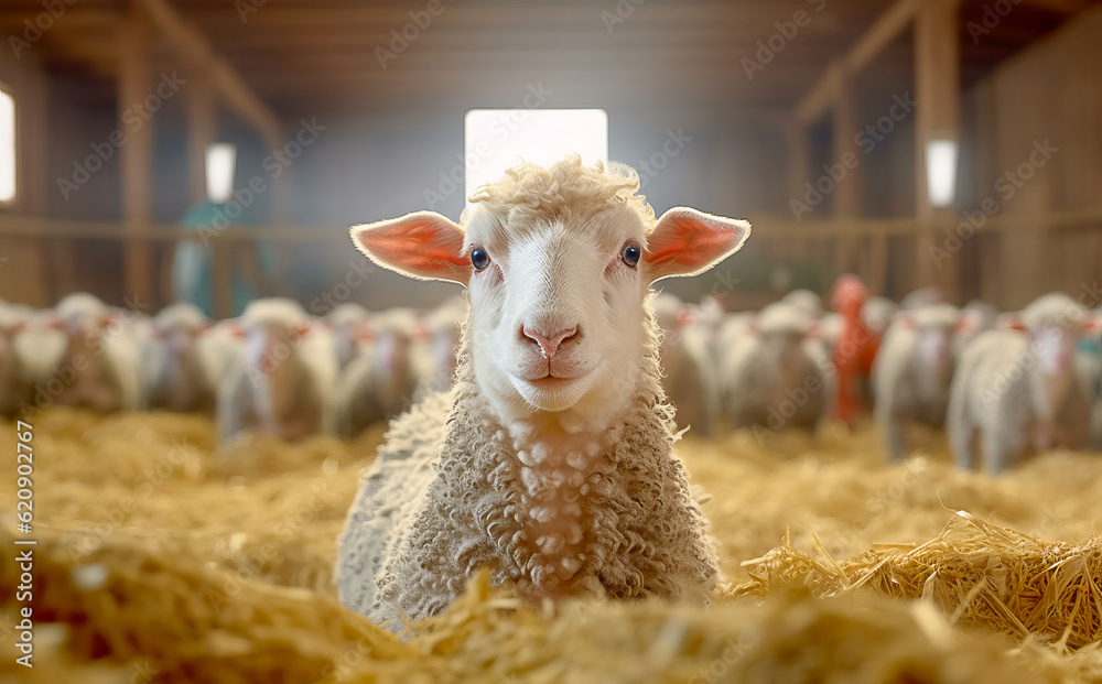Fototapeta premium Sheep in a farm standing in front of camera.