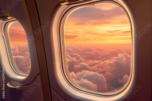 beautiful sunset view from airplane window at sunset