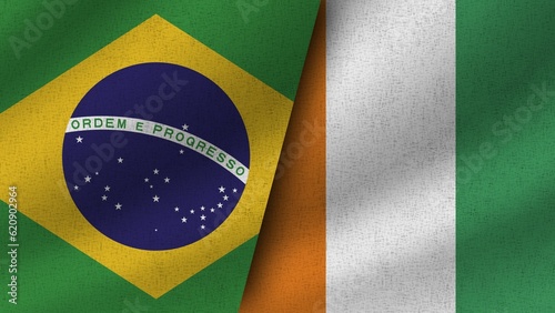 Cote d lvoire and Brazil, Brasil Realistic Two Flags Together, 3D Illustration photo