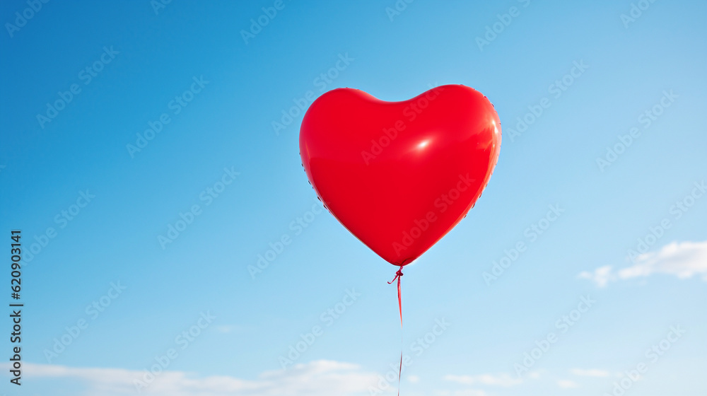 A close-up photograph of a vibrant red heart-shaped balloon floating against a clear blue sky Generative AI