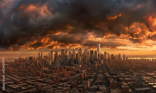 Uncertain Future: Dark Clouds Over Futuristic City. Created using generative AI tools