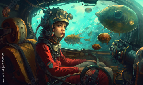 Steampunk Girl in Underwater Bathyscaphe. Created using generative AI tools