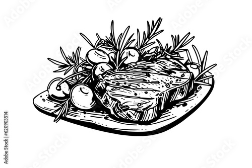 Meat steak on wood board. Hand drawing sketch engraving style vector illustration