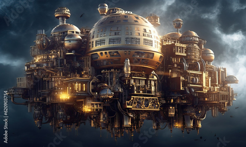 Steampunk Flying City. Created using generative AI tools