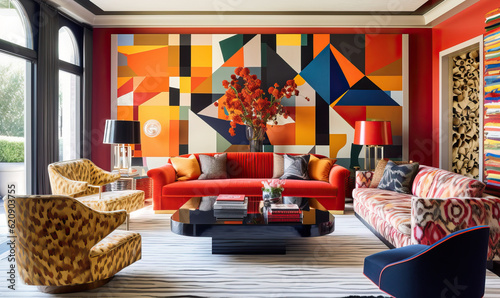 Vibrant Eclectic Living Room. Created using generative AI tools