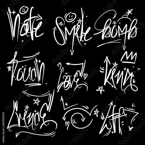 A set of modern graffiti-style inscriptions. Inscriptions, words - love, hate, smile, king, wtf, bomb, trech, cringe. Fashionable vector isolated illustration on a black background Street inscriptions