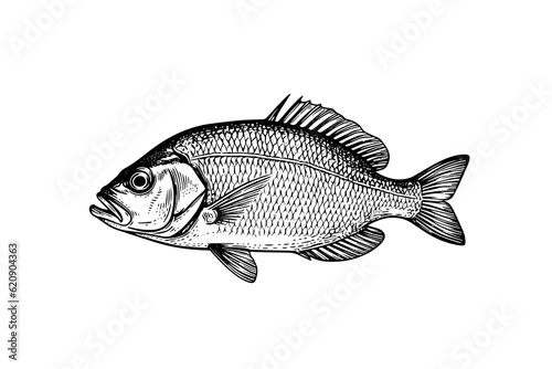 Сrucian carp hand drawn engraving fish isolated on white background. Vector sketch illustration.