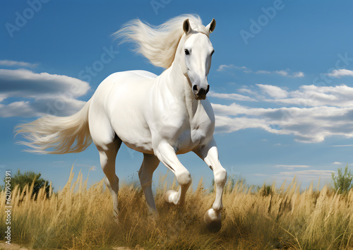 Beautiful white horse galloping in the field  AI GENERATIVE