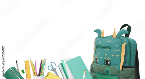 Colorful school stationery, supplies on transparent background. PNG. Bottom border. Applicable for posters, announcements, advertising. Education, daycare, preschool. Back to school shopping, sale. 3D