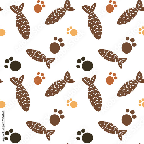 Pattern of brown fish and colored cat paws seamless pattern background, cat and fish vector illustration. Printing on textiles and packaging paper, veterinary clinic. Cartoon abstract background