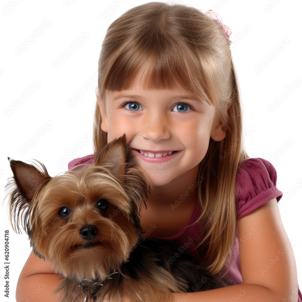 Smiling blond young girl with yorkshire terrier dog isolated on white background as transparent PNG Smiling blond young girl with yorkshire terrier dog isolated on white background as transparent PNG