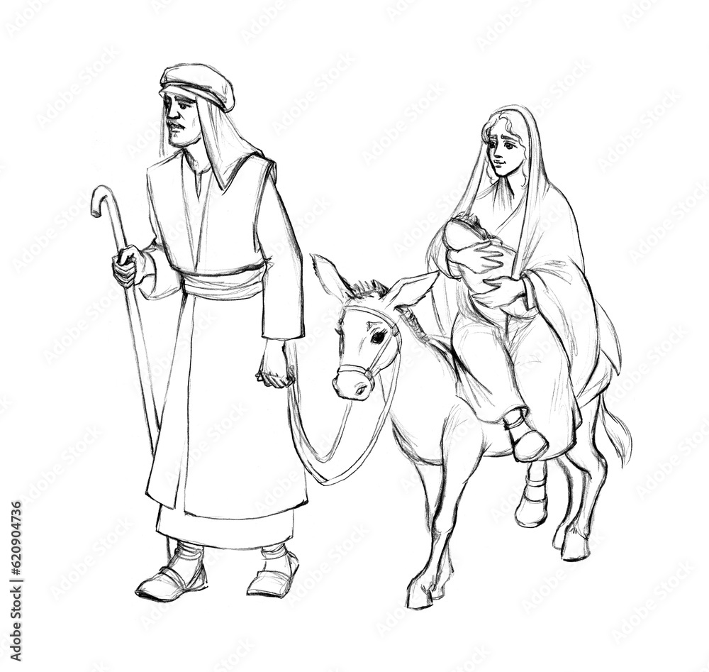 Pencil drawing. Joseph and Mary go to Bethlehem Pencil drawing. Joseph and Mary go to Bethlehem
