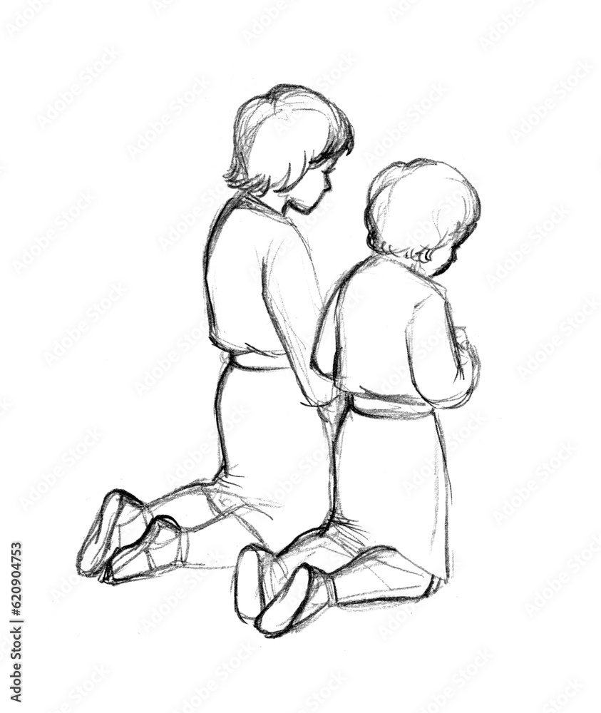 Pencil Drawing Little Children Pray Stock Illustration Adobe Stock