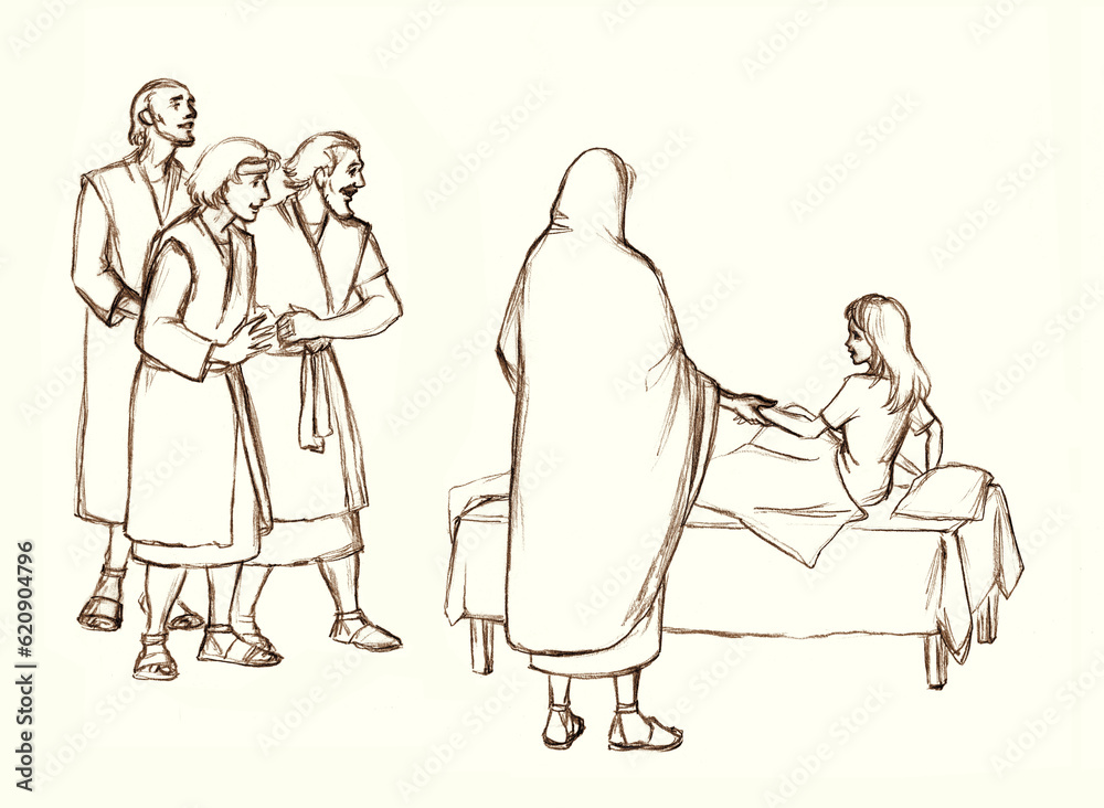 Fototapeta premium Healing of the daughter of Jairus. Pencil drawing
