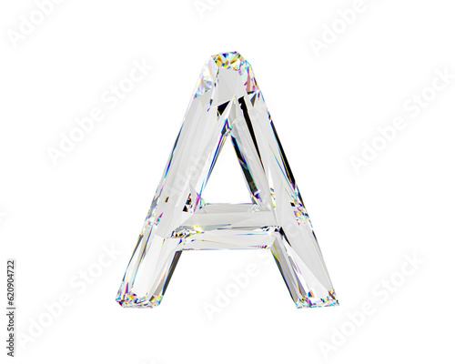 Letters made of natural transparent diamond-like material. 3d illustration of glass alphabet isolated on white background