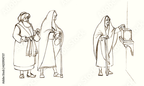 Quadro em tela Pencil drawing. The poor widow put 2 mites in the treasury