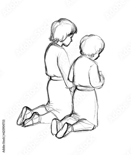 Pencil drawing. Little children pray