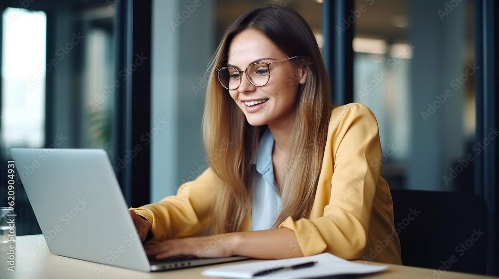 Professional female employee or a businesswoman using a laptop in a modern office. Copy space Professional female employee or a businesswoman using a laptop in a modern office. Copy space