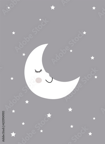 Moon sleep star Pattern, White star moon, Moon gray Backgrounds, Hello moon Wallpaper Love Cards Vector Stock Vector Illustration.