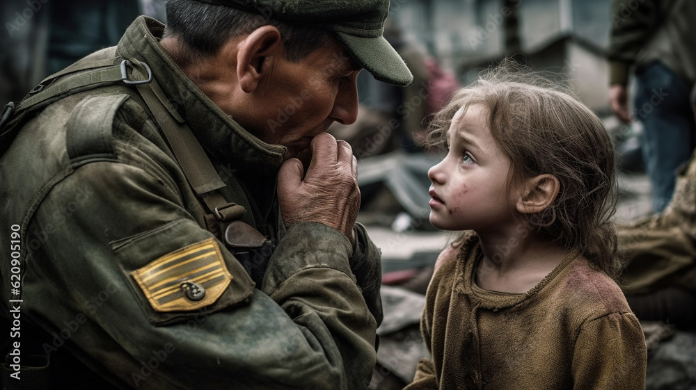 Soldier holds a child refugee little girl sad from being forced to flee her home. Child in the war conflict on the ruins, the concept of peace and war, sad child. Humanitarian disaster in Ukraine Soldier holds a child refugee little girl sad from being forced to flee her home. Child in the war conflict on the ruins, the concept of peace and war, sad child. Humanitarian disaster in Ukraine