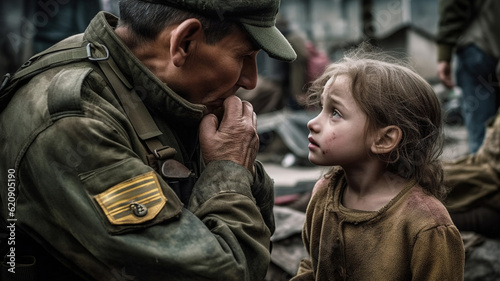 Soldier holds a child refugee little girl sad from being forced to flee her home. Child in the war conflict on the ruins, the concept of peace and war, sad child. Humanitarian disaster in Ukraine photo