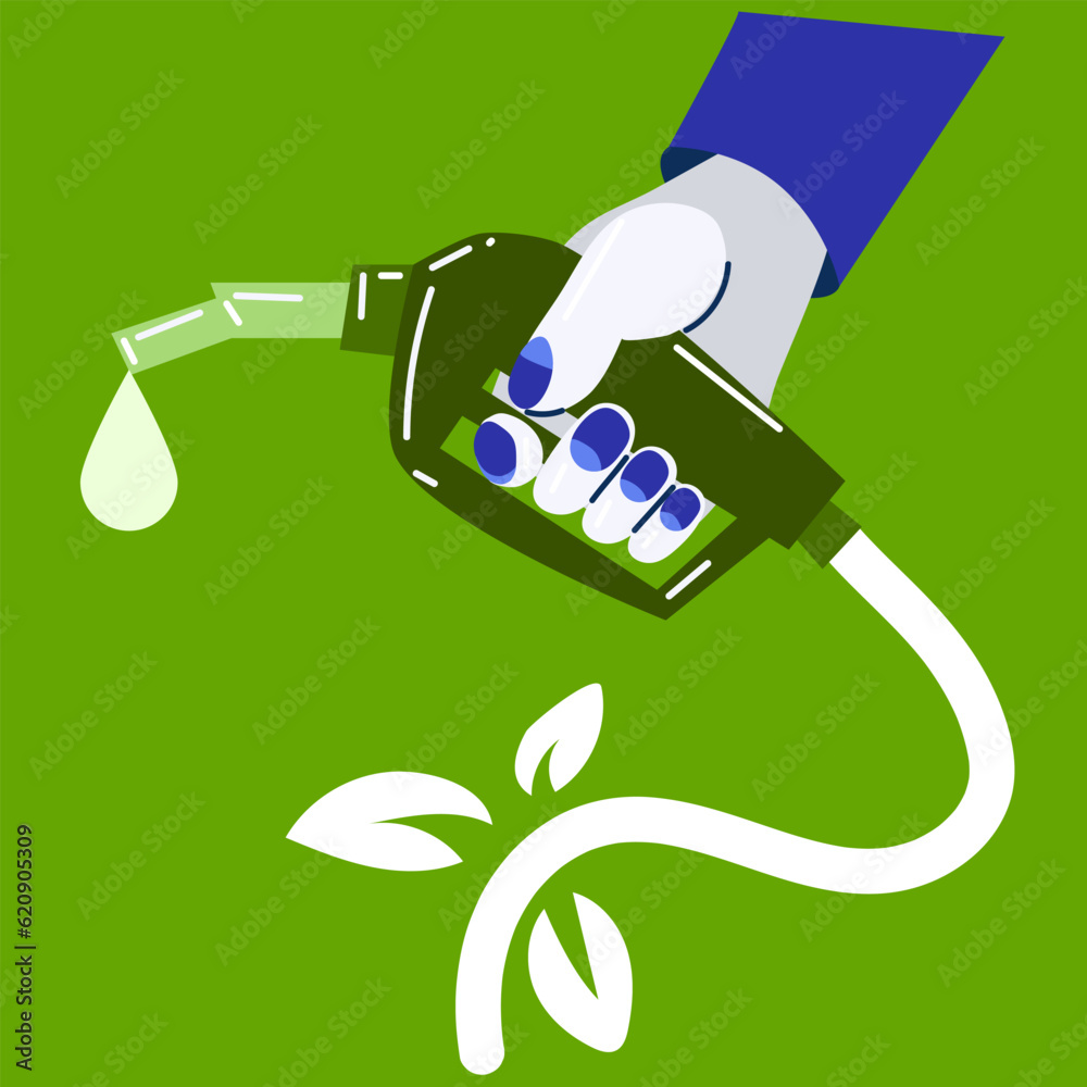 Green fuel sign, Fuel dispenser gun in hand. The concept of ecology