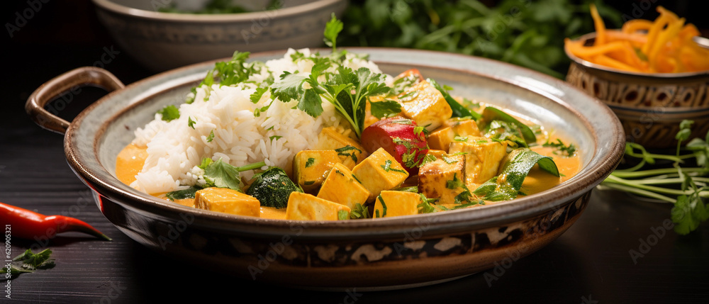 A bowl of creamy coconut curry with tofu and vegetables, served with steamed jasmine rice A bowl of creamy coconut curry with tofu and vegetables, served with steamed jasmine rice