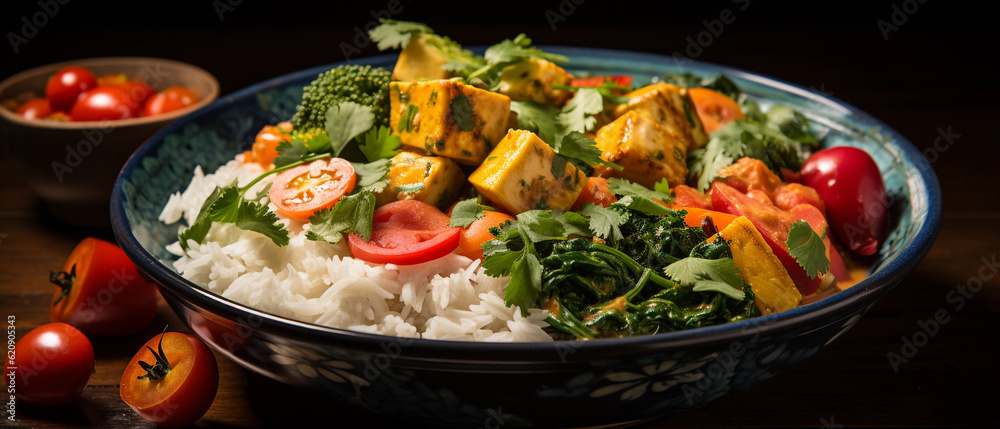 A bowl of creamy coconut curry with tofu and vegetables, served with steamed jasmine rice A bowl of creamy coconut curry with tofu and vegetables, served with steamed jasmine rice