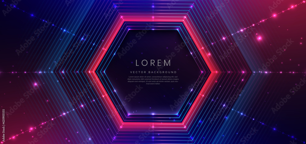 Abstract technology futuristic glowing neon blue and pink hexagon light lines with speed motion moving on dark blue background.