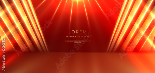 Elegant red stage with gold diagonal glowing lighting effect and sparkle. Template premium award design.
