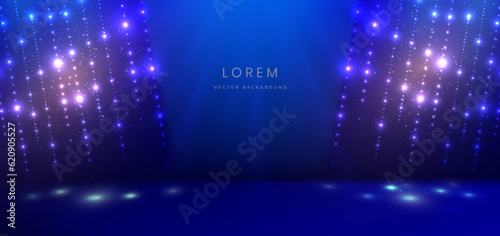 Elegant blue stage background with dot neon line and lighting effect sparkle. Luxury template award design.