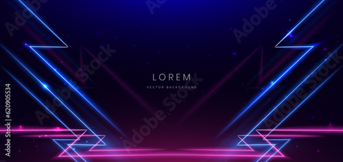 Abstract blue and pink neon diagonal glowing on dark blue background with lingthing effect sparkle.