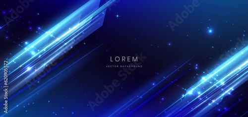 Abstract technology futuristic glowing neon blue light ray on dark blue background with lighting effect.