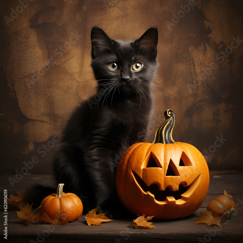 black cat kitten with orange pumpkin halloween  © Olga