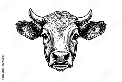 Cow head with horns logotype engraving style isolated vector illustration.