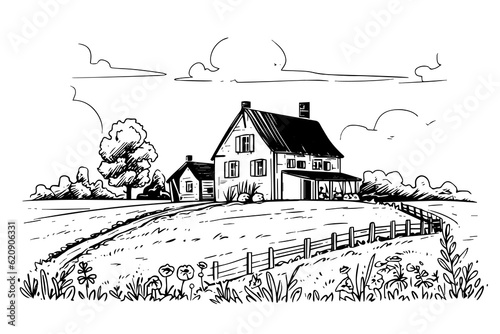 Rural landscape with a farm in engraving style. Hand drawn vector Illustration
