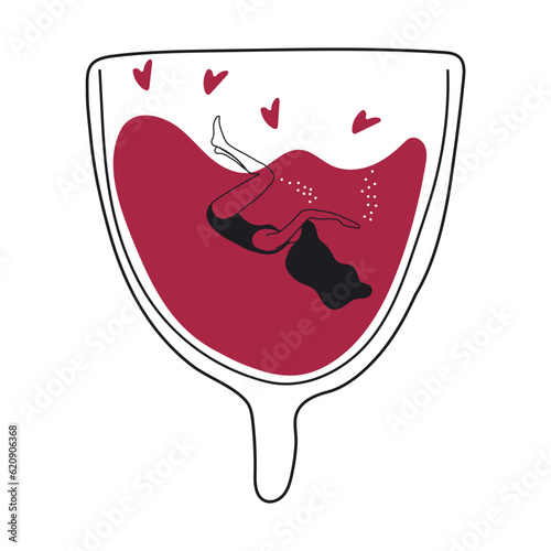 Trendy female characters swim in menstrual cup. Girl having menstrual period, menstruation, premenstrual syndrome, PMS, female reproductive system.