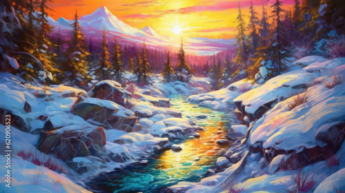 sunset in the winter mountains landscape - by generative ai