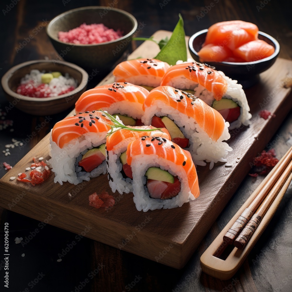 Food photography background, square - Delicious sushi rolls on plate on dark table (Generative Ai) Food photography background, square - Delicious sushi rolls on plate on dark table (Generative Ai)